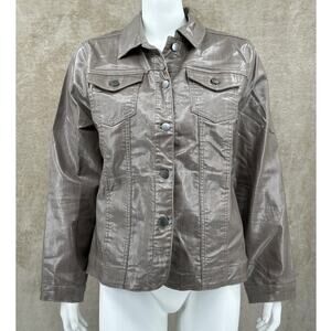 Chicos Jacket Womens 2 US Large Taupe Pewter Coated Denim Shimmer‎ Stretch City